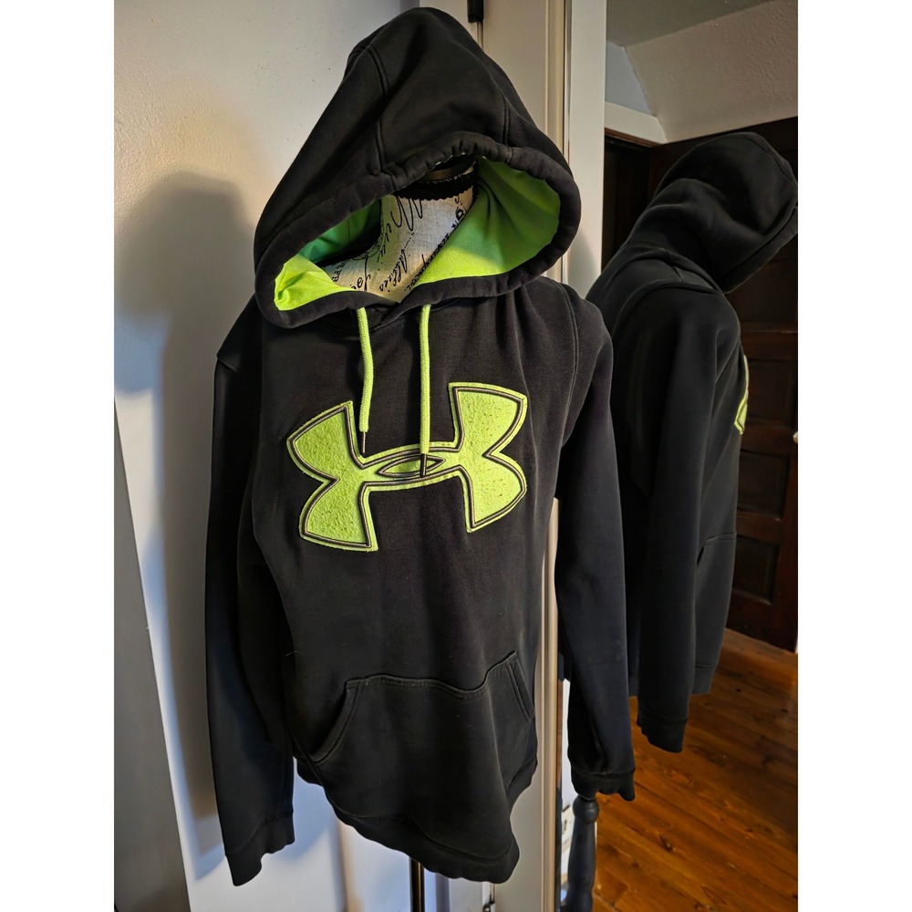 Under Armour Mens Small Fitted Hoodie Black Lime‎ Green Big Logo Sweatshirt